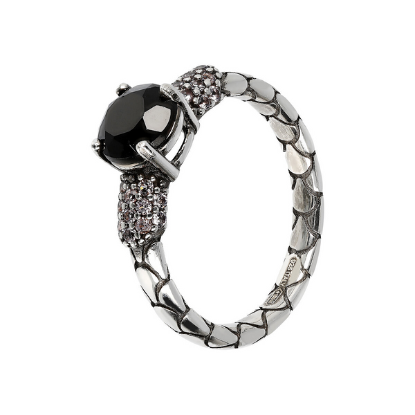 Rhodium-plated 925 Sterling Silver Mermaid Texture Solitaire Ring with Black Spinel and Pink Prism Gem Pavé