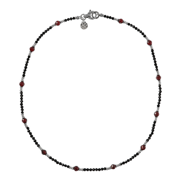 Necklace in Faceted Natural Stone Black Spinel and Red Garnet with Textured Closure in Rhodium Plated 925 Silver