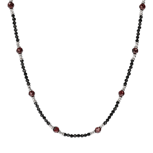 Halskette aus facettiertem Naturstein, schwarzem Spinell und rotem Granat, mit strukturiertem Verschluss aus rhodiniertem 925er Silber