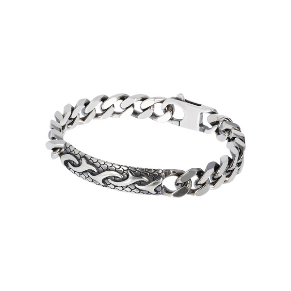 Rhodium plated 925 Silver Bracelet with Curb Chain and Mermaid Texture Plate with Elements in Relief