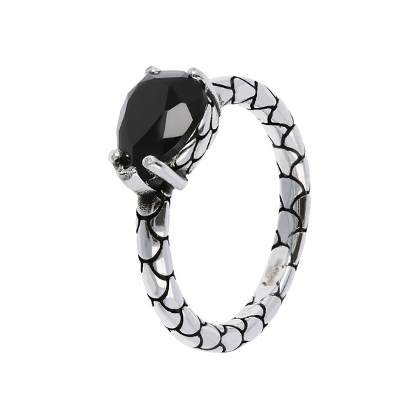 Rhodinierter Ring aus 925er Silber mit Meerjungfrau-Struktur und tropfenförmigem Naturstein