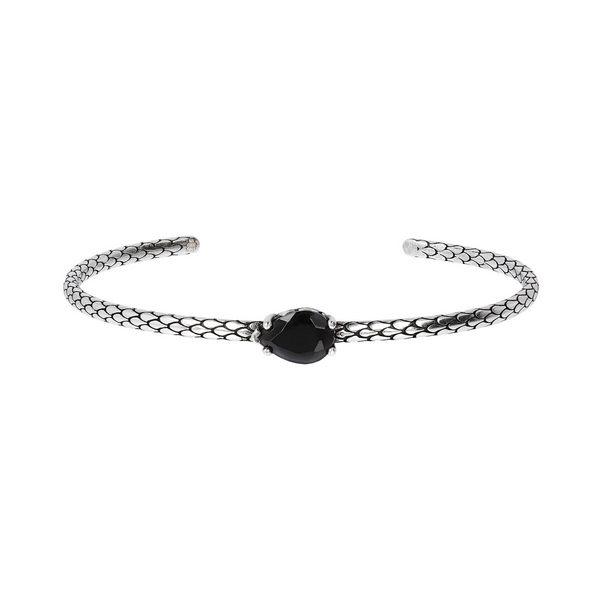 Rigid Bracelet in Rhodium Plated 925 Silver Mermaid Texture with Drop-Shaped Natural Stone