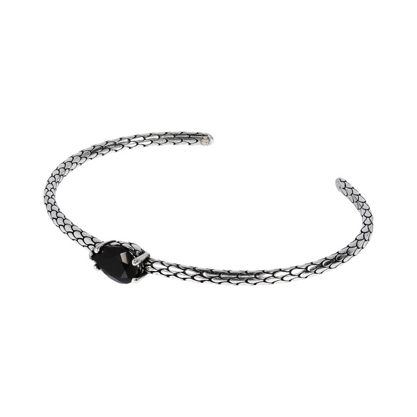 Rigid Bracelet in Rhodium Plated 925 Silver Mermaid Texture with Drop-Shaped Natural Stone