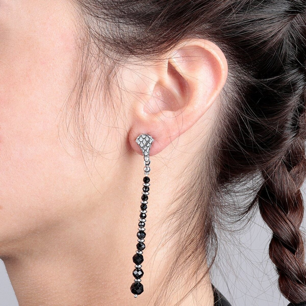 Wire Dangle Earrings in Rhodium Plated 925 Silver Mermaid Texture with Black Spinel