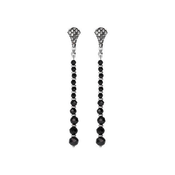 Wire Dangle Earrings in Rhodium Plated 925 Silver Mermaid Texture with Black Spinel