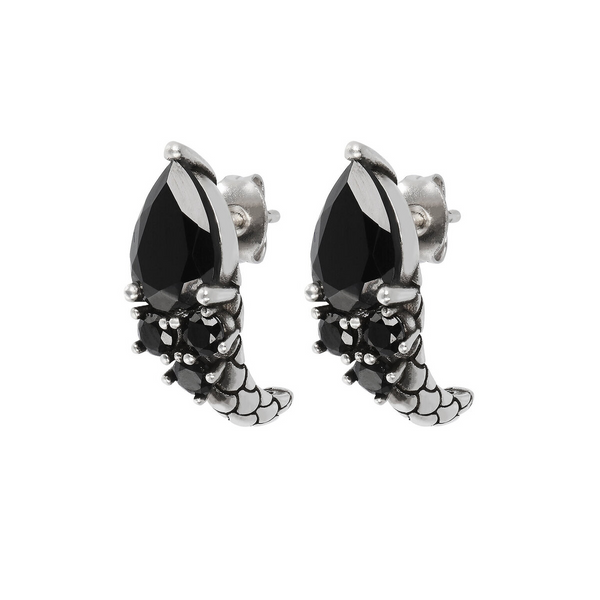 Lobe Earrings in Rhodium Plated 925 Silver Mermaid Texture with Black Spinel Natural Stone