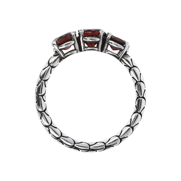 Trilogy Band Ring in Rhodium Plated 925 Silver Mermaid Texture with Red Garnet Natural Stone