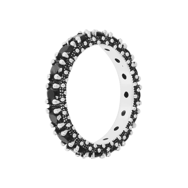 Sea Urchin Texture Veretta Ring in Rhodium plated 925 Silver with Black Spinel
