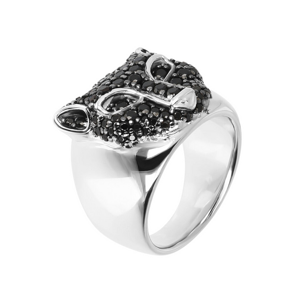 Rhodium plated 925 Silver Band Ring with Pavé Panther in Black Spinel