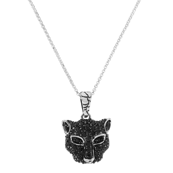 Rhodium plated 925 Silver Necklace with Rolo Chain and Panther Pendant with Black Spinel Pavé