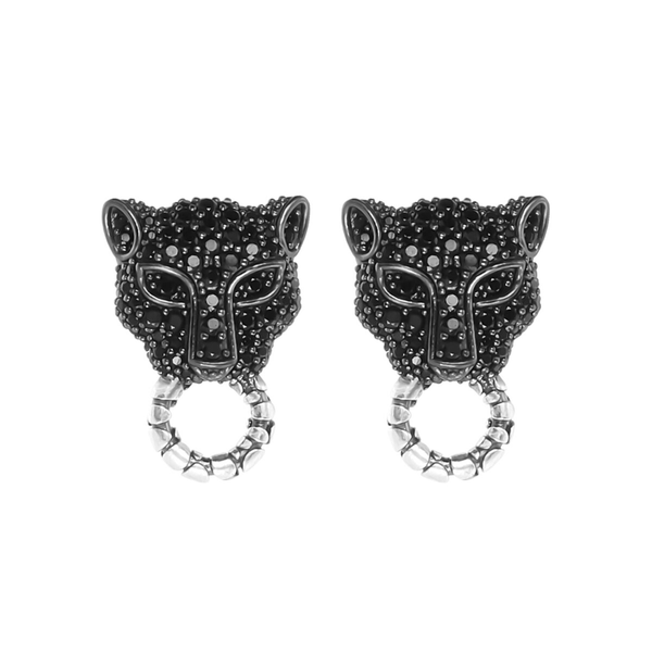 Pendant Earrings in Rhodium Plated 925 Silver with Spotted Ring and Pavé Panther in Natural Stone