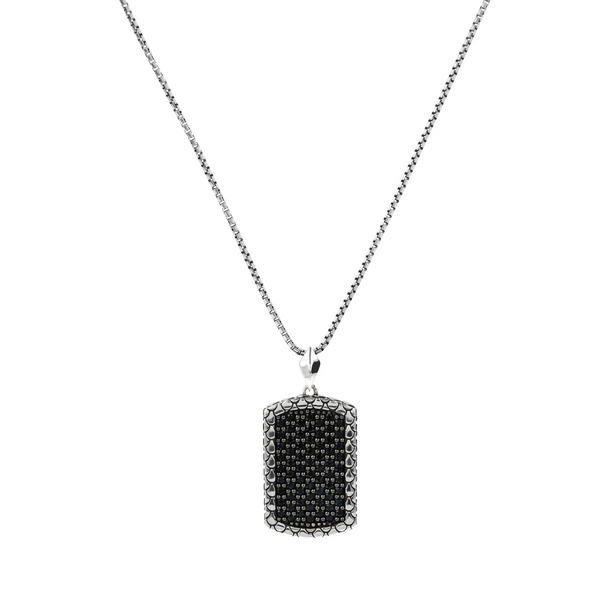 Venetian Chain Necklace in Rhodium Plated 925 Silver with Mermaid Texture Pendant and Black Spinel Pavé