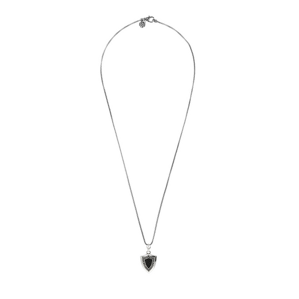 Rhodium-plated 925 Sterling Silver Venetian Chain Necklace with Mermaid Texture Shield Pendant and Black Spinel Pavé