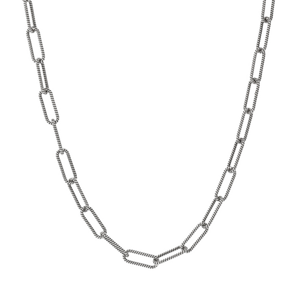 Rhodium Plated 925 Sterling Silver Necklace with Textured Elongated Forced Chain
