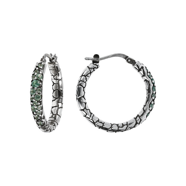 Textured Hoop Earrings in Rhodium Plated Silver with Cubic Zirconia Pavé
