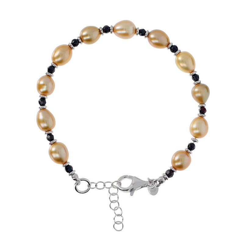 Bracelet Rondelle, Spinelle Noir et Perles d'Eau Douce Jaunes