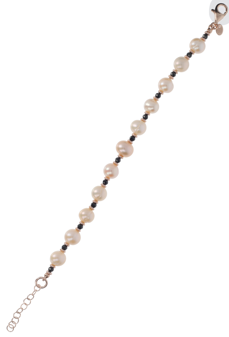 Bracciale con Spinello Nero e Perle d'Acqua Dolce Rosa Ø 7/8 mm in Argento 925 placcato Oro rosa 18Kt