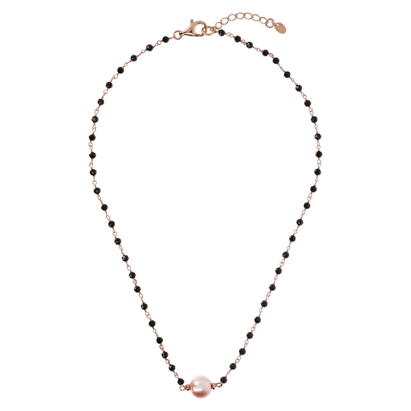 Rosary Necklace with Black Spinel and Pink Freshwater Pearl