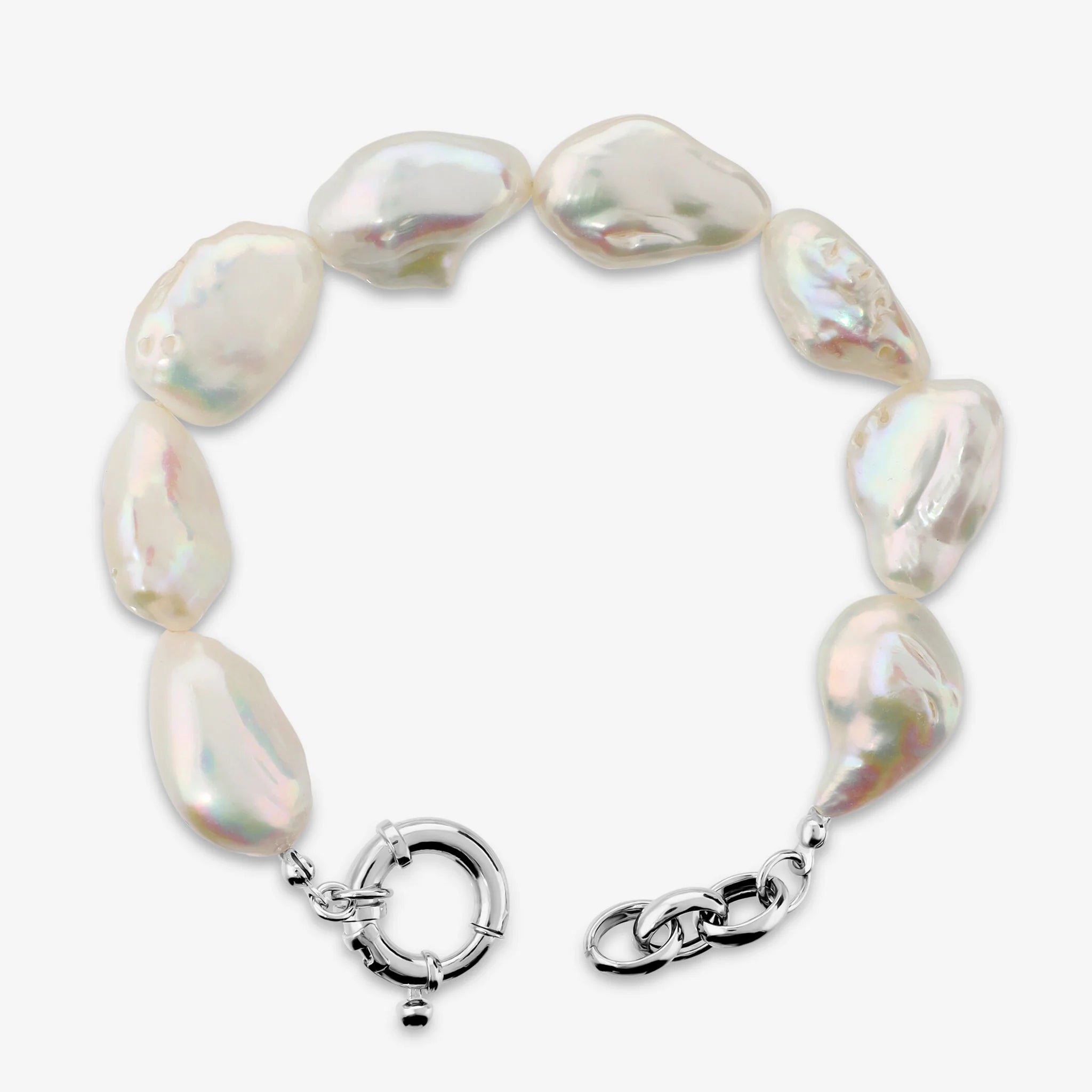 Bracciale in Argento 925 placcato Oro Bianco 18Kt con Perle Coin Barocche Bianche d'Acqua Dolce Ø 15/16 mm