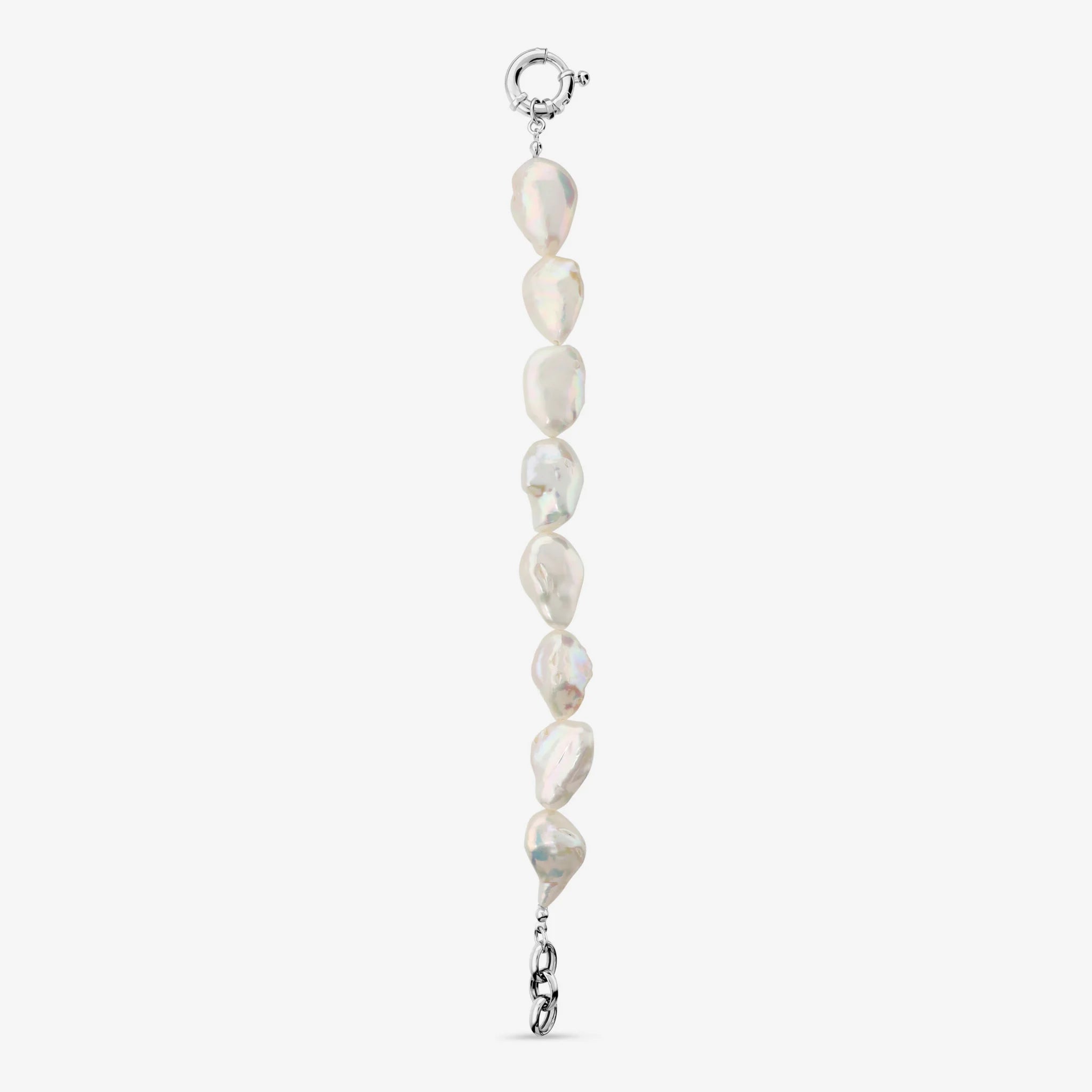 Bracciale in Argento 925 placcato Oro Bianco 18Kt con Perle Coin Barocche Bianche d'Acqua Dolce Ø 15/16 mm