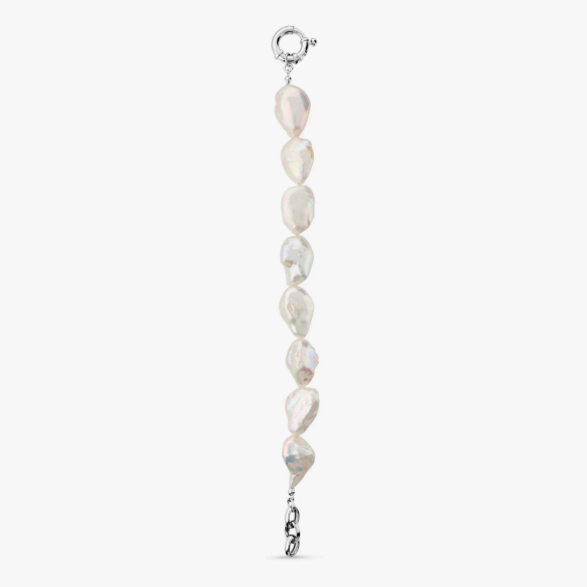 Bracciale in Argento 925 placcato Oro Bianco 18Kt con Perle Coin Barocche Bianche d'Acqua Dolce Ø 15/16 mm